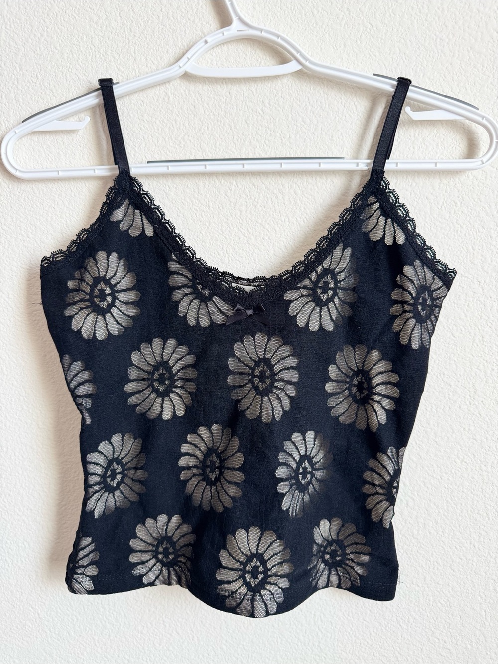 bebe Black Camisole with Silver Floral Lace Trim